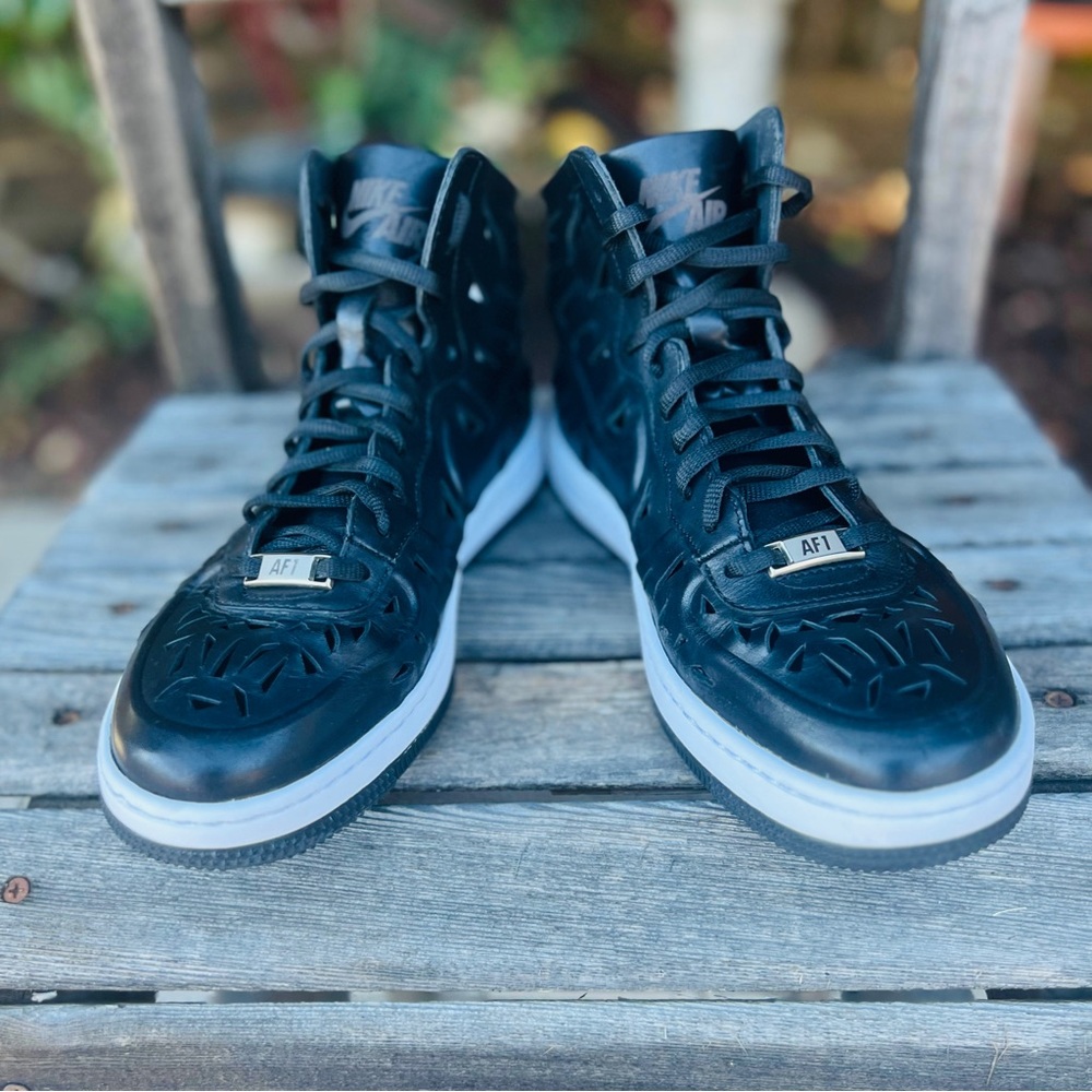 Nike Air Force 1 Ultra Force Mid Joli black Leather Cut Out Sneakers|size 9